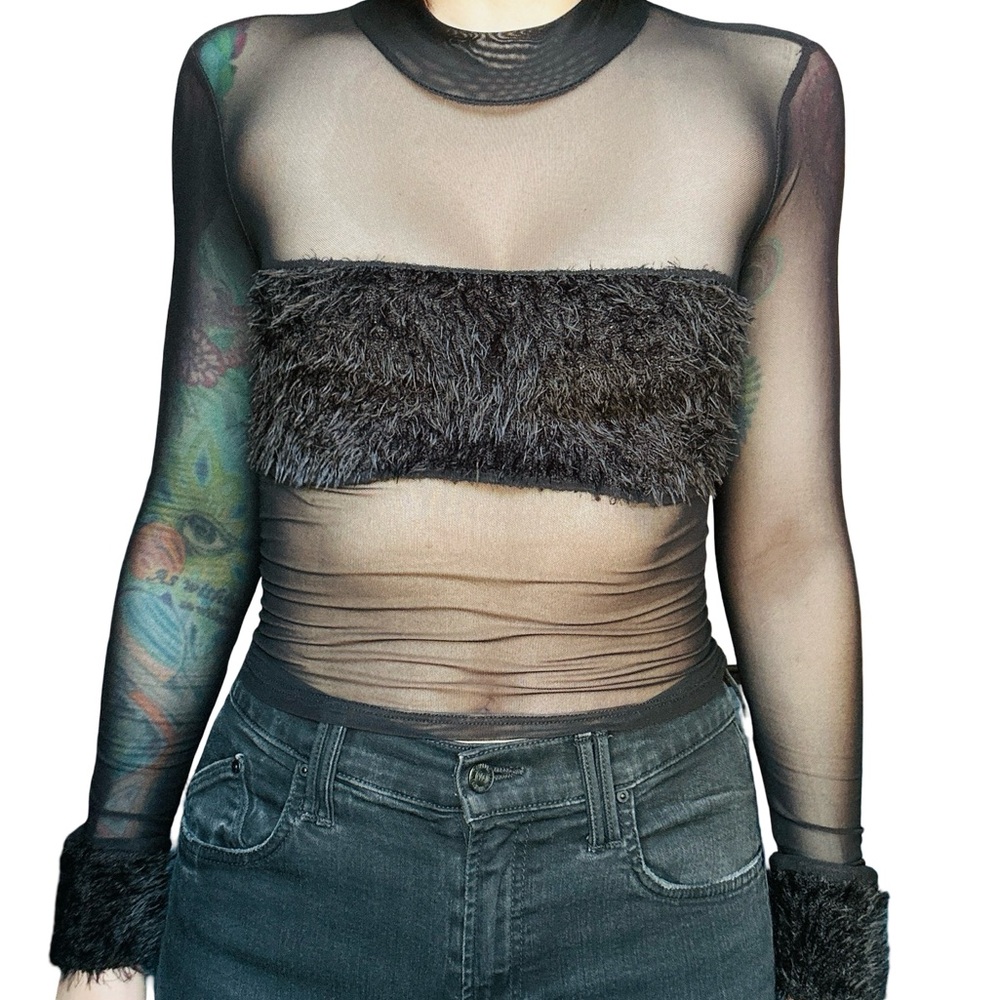 Vintage 90s Y2K Black Sheer Micro Mesh Mockneck Long Sleeve Shirt XS S M